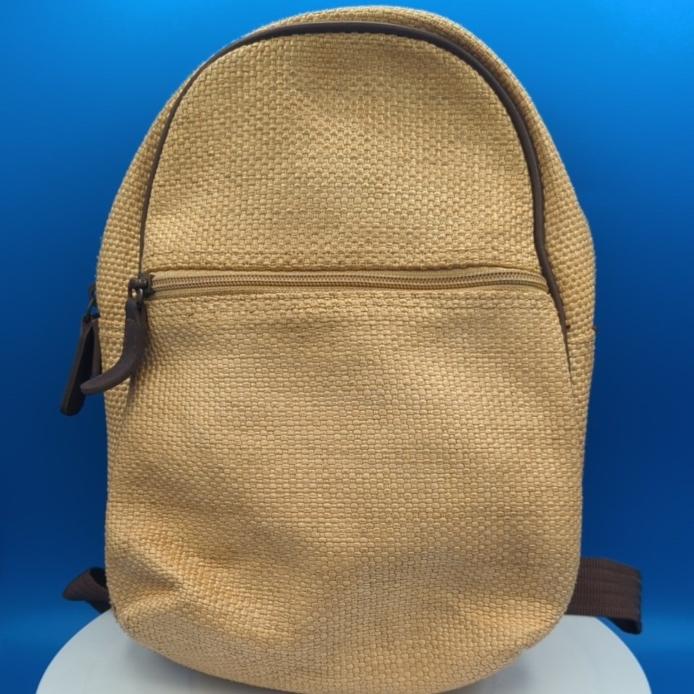 Vintage GAP Mini Backpack Tan Woven Straw Textured Small Rucksack Brown Trim